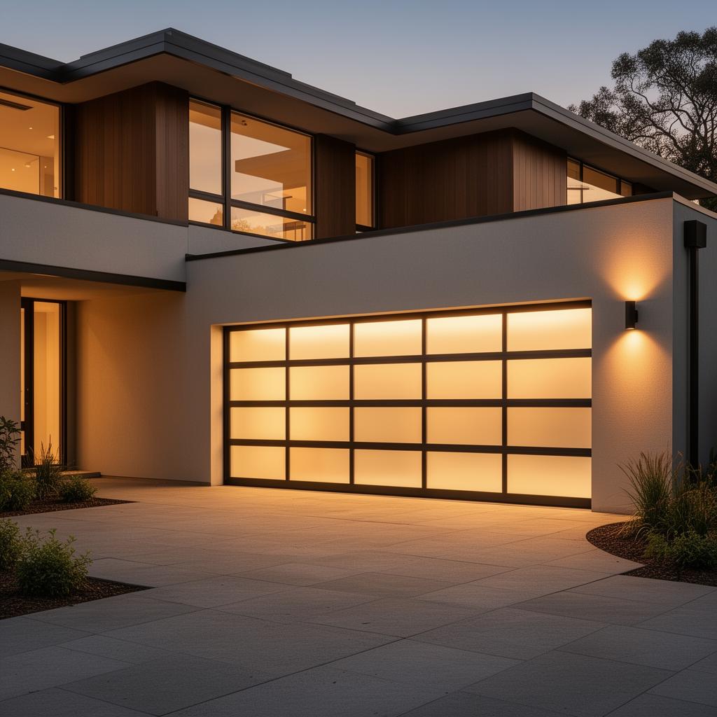 Contemporary aluminum garage door with full glass panels installed on modern home in Ravensdale WA